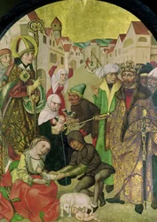 St. Stanislas (1030-79) beobachtet die Bestrafung untreuer Ehefrauen auf Befehl von König Boleslas II. (1039-81), Tafel vom Altarbild des St. Stanislas