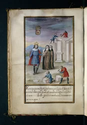 Bau des Klosters in Syon, aus einer Geschichte der Wanderungen der Syon-Nonnen, zusammengestellt in Lissabon im frühen 17. Jahrhundert