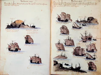 Manuskriptseite „Denkmäler der Armadas von Portugal unter König Manuel I. (1469-1521)“, darstellend die portugiesischen Flotten. 1523. B.N. Paris