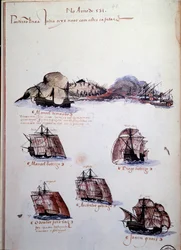 Manuskriptseite „Erinnerungen an die Armadas von Portugal unter König Manuel I.“ (darstellend die portugiesischen Flotten des Jahres 1497)