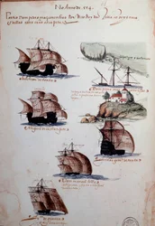 Manuskriptseite „Erinnerungen an die Armada von Portugal unter König Manuel I. (1469-1521)“ Darstellung der portugiesischen Flotten des Jahres 1497. 1500 Lissabon, Nationalmuseum für Alte Kunst