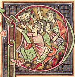Ms 3088 fol.137r Historisierte Initiale P, die den Tod Josuas darstellt, aus einer Bibel, 12.-13. Jahrhundert