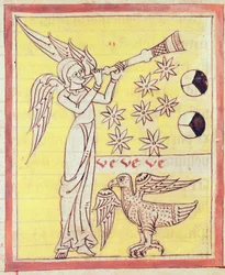 Der Engel, der die Trompete bläst, die sieben Sterne und der Adler des St. Johannes des Evangelisten, aus der Apokalypse des St. Jean de Lorvao