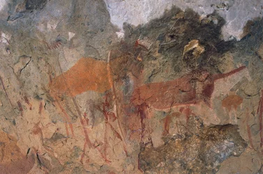 Menschliche und tierische Figuren, Buschmänner oder San-Höhlenmalereien, Maloti-Drakensberg Park (Unesco-Welterbeliste, 2000), Lesotho