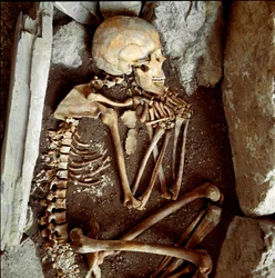 Prähistorie: weibliches Skelett aus der Höhle der Candide Arene (Finale Ligure). Steinzeit, Neolithikum. Genua, Museo di archeologia Ligure