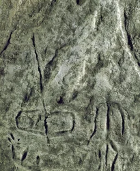 Prähistorie, Felskunst: Petroglyphen (Graffiti auf Stein) einer Darstellung eines Bootes und einer menschlichen Figur. Neolithikum, Steinzeit. (Aserbaidschan) Bronzezeit. Baku, Aserbaidschanisches Staatliches Religionsgeschichtliches Museum