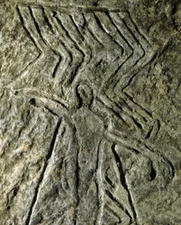 Prähistorisch, Felskunst: Petroglyph (Graffiti auf Stein) einer menschlichen Figur. Neolithikum, Steinzeit. (Aserbaidschan) Bronzezeit. Baku, Aserbaidschanisches Staatliches Religionsgeschichtliches Museum