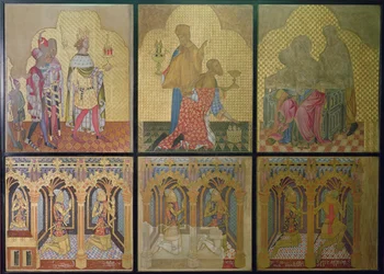 Rekonstruktion eines ursprünglich in der St.-Stephans-Kapelle befindlichen Wandgemäldes, das in der unteren Reihe von links nach rechts zeigt: Thomas Woodstock (1355-97), Edmund Langley, John of Gaunt (1340-99), Lionel (1338-68), Edward, den Schwarzen