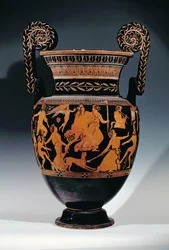 Attischer rotfiguriger Volutenkrater, verziert mit einer Szene von Schauspielern und Musikern, die sich auf eine Aufführung vorbereiten, Griechisch, aus Ruvo, 5. Jahrhundert v. Chr.
