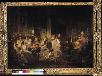 Emile Jean Horace Vernet (1789-1863) diskutiert die Erfindung des Daguerreotyps im Salon von Monsieur Irisson
