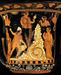 Rotfiguriger Krater: König Kadmos, eine Amphore in einer Hand, wirft Steine auf den Drachen