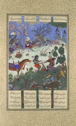 Rustams vierter Kurs, er spaltet eine Hexe, Folio 120v aus dem Shahnama