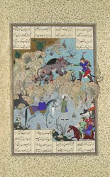 Bahram Chubina tötet den Löwenaffen, Folio 715v aus dem Shahnama Buch der Könige, ca. 1530-35