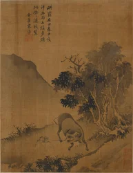 Hirtenjunge, der einen Wasserbüffel zieht