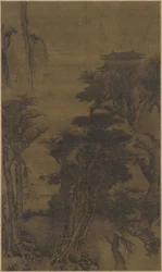 Landschaft mit Tempel und Reisenden