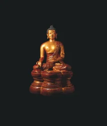 Monumentale kaiserliche vergoldete Holzfigur des Medizin-Buddhas
