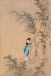 Zwei Figuren, die sich in der Landschaft umarmen