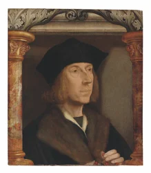 Porträt eines Herrn, Brustbild, in einem pelzgefütterten Mantel, der einen Rosenkranz betet, in einer architektonischen Umgebung