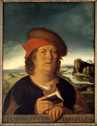 Vermutliches Porträt des Arztes Paracelsus (1493-1541), Paracelsus oder Theophrastus Bombastus von Hohenheim. Gemälde. Kopie nach dem verlorenen Original von Quentin Metsys (1465/1466-1530). Maße: 0,72 x 0,54 cm. Musée du Louvre.