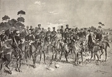 Offiziere ausländischer Armeen besuchen italienische Soldaten in der Lombardei, Italien, Gravur nach einer Zeichnung von Quinto Cenni, aus L