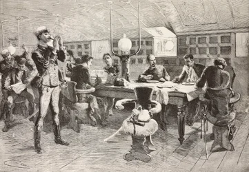 Italienische Offiziere in der Kabine auf dem Schiff Gottardo, italienische Expedition im Roten Meer, Gravur nach einer Zeichnung von Quinto Cenni und einer Skizze von Dante Paolocci, aus L