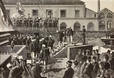 Italienische Soldaten besteigen das Schiff Washington, Neapel, Italien, dritte italienische Expedition im Roten Meer, Gravur nach einer Zeichnung von Quinto Cenni und einer Skizze von M Del Don, aus L