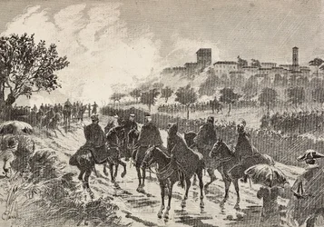 Italienische Soldaten zu Pferd, die von Copreno nach Cermenate ziehen, Italien