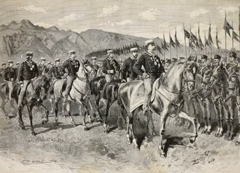 König Umberto I. inspiziert die Florentiner Lanzenreiter, mit General Martin di Montu hinter ihm, 28. September, Kavallerieübungen in Pordenone, Italien (Stich)