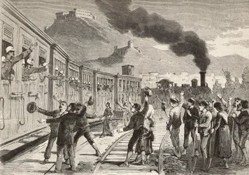 Männer und Frauen verabschieden sich von italienischen Soldaten, die vom Bahnhof Cassino, Italien, abreisen, Gravur nach einer Zeichnung von Quinto Cenni und einer Skizze von M Dal Don, aus L