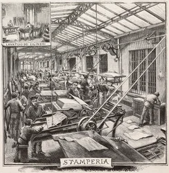Druckerei im Verlagshaus Fratelli Treves, Mailand, Italien, Gravur nach Zeichnung von Quinto Cenni, aus L
