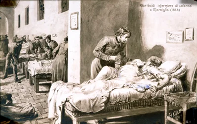 Der italienische Patriot Giuseppe Garibaldi als Krankenpfleger unter dem Namen Pan-Borel bei den Cholera-Patienten in Marseille im Jahr 1836