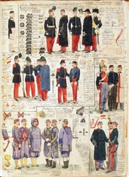 Verschiedene Uniformen der Päpstlichen Staaten von 1865. Farbtafel von Cenni Quinto