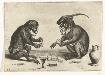 Zwei Affen spielen Karten (Verschiedene Szenen aus dem menschlichen Leben dargestellt durch Affen) (Das Affenspiel in der Welt)