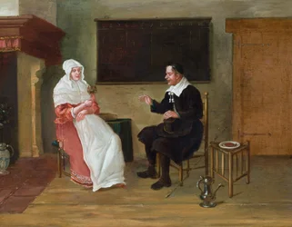 Ein Interieur mit einem sitzenden Mann und einer Frau