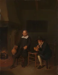 Innenraum mit zwei Männern am Kamin