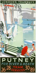 Putney, für Fluss und Heide, London County Council LCC Straßenbahnplakat