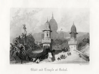 Ghat und Tempel in Gokul, Indien, um 1838