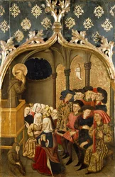 Vision während der Predigt, Detail vom linken Seitenflügel des St. Bernand Altars von Rafael Tomas (aktiv 1455-1479), Predella von Joan Figuera (aktiv ab 1454-gestorben 1477 oder 1479), Tempera auf Holz, 398,9x253 cm