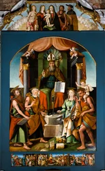 Heiliger Blasius auf dem Thron zwischen den Heiligen Petrus, Paulus, Katharina von Alexandria und Christophorus, zentrales Altarbild