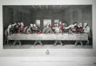 Gravur zum 5. Jahrestag des Letzten Abendmahls von Leonardo da Vinci in Santa Maria delle Grazie, Mailand