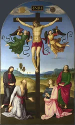 Der gekreuzigte Christus mit der Jungfrau Maria, Heiligen und Engeln. Die Mond-Kreuzigung, 1502-1503
