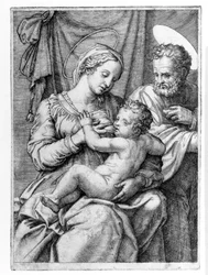 Die Heilige Familie, graviert von Marcantonio Raimondi, ca. 1515