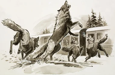 Passagiere in einem eingeschneiten Zug wehren hungrige Wölfe ab