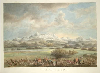 Lord und Lady Hastings auf Elefanten, vor dem Himalaya bei Kashipur vorbeiziehend