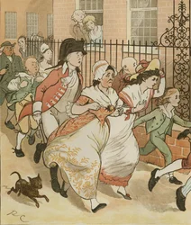 Eine Elegie auf den Tod eines verrückten Hundes von Oliver Goldsmith. Nachbarn eilen, um dem guten Mann von Islington zu helfen. Illustration von Randolph Caldecott
