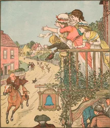 John Gilpin galoppiert am Bell Inn vorbei, während seine Frau und Kinder vom Balkon winken, 1878, um 1918