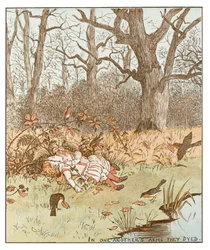 Die Kinder im Wald. Waisenkinder werden von Schurken, die vom bösen Onkel angeheuert wurden, ermordet. Ein Schurke bereut und tötet den anderen, dann lässt er die Kinder im Wald zurück, wo sie sterben und von Rotkehlchen mit Blättern bedeckt werden. Illust
