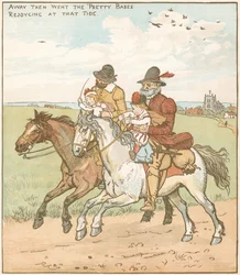Die Kinder im Wald. Waisenkinder werden von Schurken, die vom bösen Onkel angeheuert wurden, ermordet. Illustration von Randolph Caldecott für die Ballade von ca. 1600