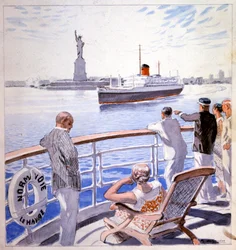 Transport. Marine. Ankunft des Transatlantikliners Le Normandie im Hafen von New York. Illustration von Raoul du Gardier