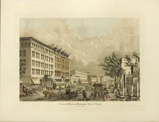 Ecke State und Washington Streets, Chicago, im Jahr 1865